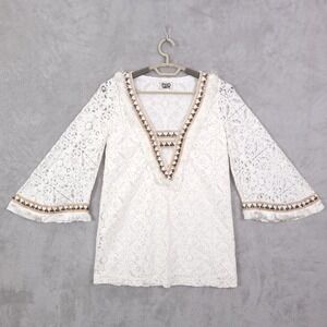 Pho Firenze Designer Top V-Neck Fringe Bell Sleeve Blouse Size XS